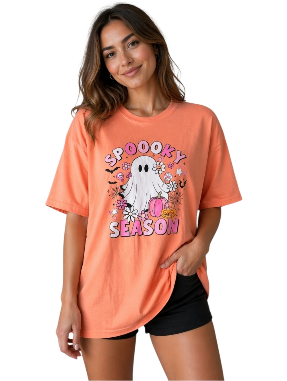 Gilden Softstyle Orange Halloween Ghost Graphic Tee Shirt Cute Spooky Size Small